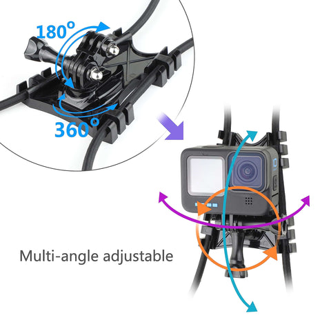 Backstop Chain Link Fence Camera Mount For GoPro iPhone Mevo Start AKASO SJCAM Osmo Action And More Attach To Nets Poles Or Trees For Baseball Softball Football Tennis Recording And Other Outdoor Sports Action shown with multi-angle adjustments and rope attachment.