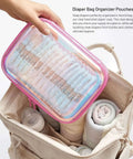 Hella Durable Clear Hard Shell Travel Organizer Cases With Smooth Zipper Closure Kickass Iridescent Coating holding diapers in a diaper bag.
