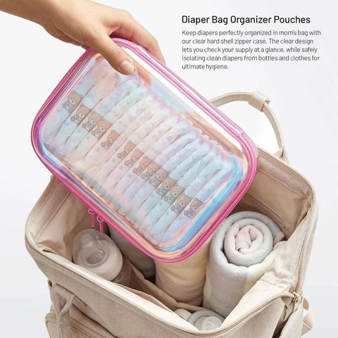 Hella Durable Clear Hard Shell Travel Organizer Cases With Smooth Zipper Closure Kickass Iridescent Coating holding diapers in a diaper bag.