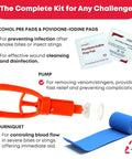 Portable First Aid Snake Bite Venom Extractor Kit Latex Free Compact Outdoor Emergency Tool for Camping Hiking and Travel with Strong Suction Grab and Go Ready, showing alcohol and iodine pads, suction pump, and tourniquet.