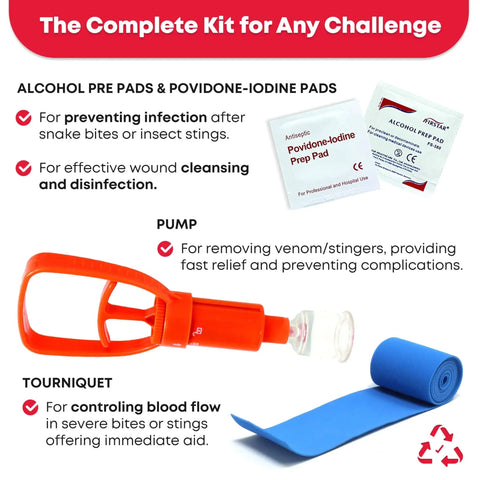 Portable First Aid Snake Bite Venom Extractor Kit Latex Free Compact Outdoor Emergency Tool for Camping Hiking and Travel with Strong Suction Grab and Go Ready, showing alcohol and iodine pads, suction pump, and tourniquet.