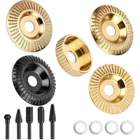 Ultimate Wood Carving Kit For Angle Grinder 14 Piece Set Includes 5 Carving Wheels 5 Rotary Burrs and 4 Reducing Rings