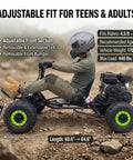 Person driving gas powered off road go kart for adults and teens fourteen plus with 212cc four stroke engine, adjustable fit.