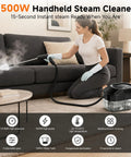Primiorix 1500W Pressurized Steam Cleaner In Black, handheld model in use, removing grime from sofa with 15-second warm up.