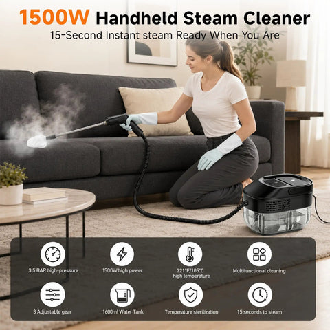Primiorix 1500W Pressurized Steam Cleaner In Black, handheld model in use, removing grime from sofa with 15-second warm up.