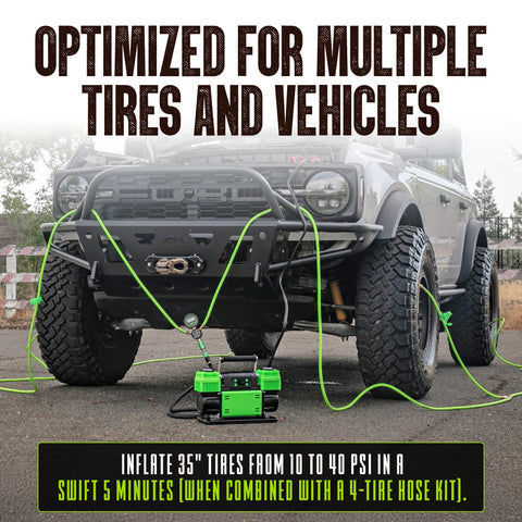 Off-road vehicle using TenSix PSI Pro Technology 12 Volt Air Compressor for tire inflation with hose kit visible