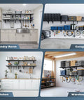 Two Pack 2x3 Ft Wall Mounted Garage Shelves Heavy Duty Steel Storage Racks With Hooks shown in laundry, garage, kitchen, and warehouse settings