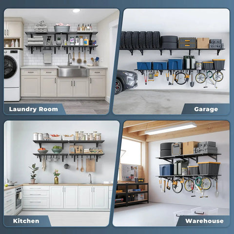 Two Pack 2x3 Ft Wall Mounted Garage Shelves Heavy Duty Steel Storage Racks With Hooks shown in laundry, garage, kitchen, and warehouse settings