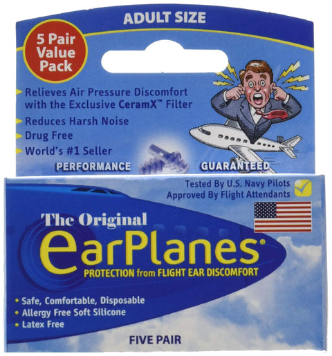 Packaging for Flight Ear Plugs With CeramX Filter For Air Pressure Relief And Noise Reduction Blue Pack Of 5, adult size.