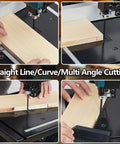 Close-up of 8 Inch Benchtop Band Saw With 0-45 Degree Tilting Range, 3A Pure Copper Motor, 1800 RPM, cutting wood with guide and miter gauge.
