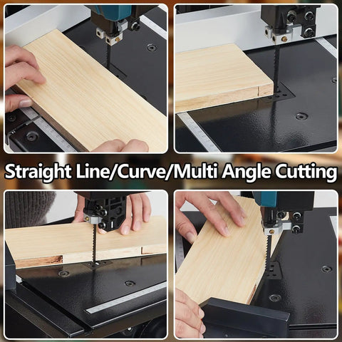 Deadly Accurate Benchtop Band Saw With Eight Inch Capacity cutting a wooden plank for straight, curve, and multi-angle precision.