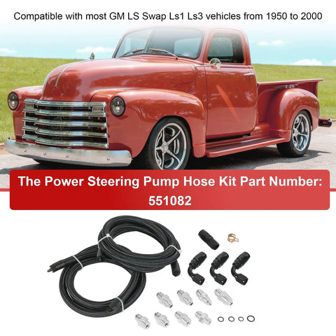 Beefed Up Heavy Duty Power Steering Hose Kit For Gear Box Or Rack And Pinion And Return To Reservoir AN6 Hydraulic Hoses With Aluminum Fittings High Flow Design LS Swap Compatible With LS1 And LS3 Replace 551082 displayed next to a vintage truck.