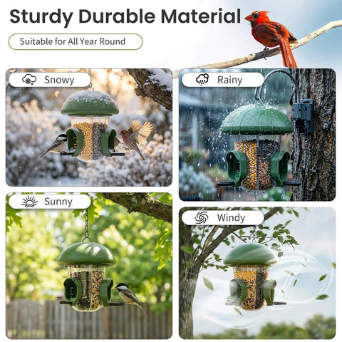 Outdoor Bird Feeder With Three Compartments And Three Feeding Ports, Weatherproof Dome, Three Ways To Hang, Large Capacity For Cardinals And Finches, Easy Fill And Clean, Backyard Friendly Green in various weather conditions