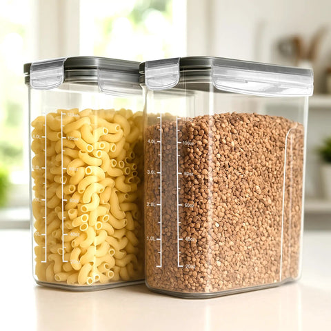 4 Pack Cereal Storage Containers, 4L Airtight Food Jars with lids filled with cereal and pasta, BPA-free clear canisters for pantry organization, labels included and chalkboard marker, leakproof design keeps your cereal fresh