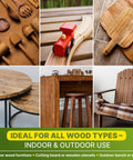 Assorted wood furniture and utensils showcasing Pure Linseed Oil For Wood 100 Percent Natural And Food Safe For Indoor Furniture Care.