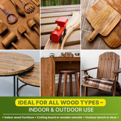 Assorted wood furniture and utensils showcasing Pure Linseed Oil For Wood 100 Percent Natural And Food Safe For Indoor Furniture Care.
