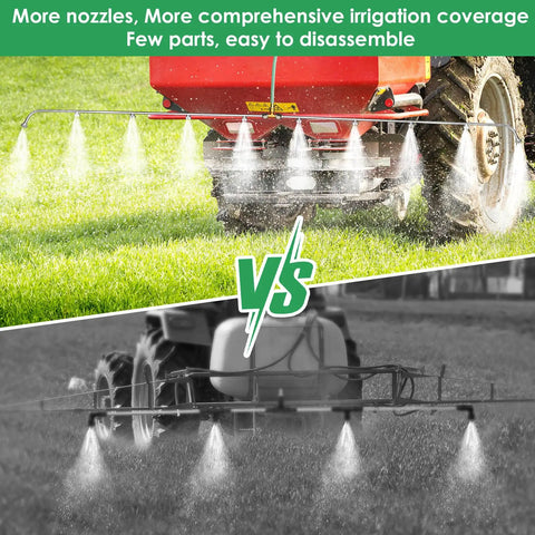 Image showing a before-and-after comparison of metal sprayer boom wand with ten nozzles in action, highlighting irrigation coverage.