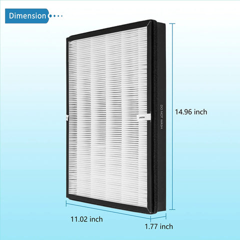 Premium H13 True HEPA Replacement Filter For TaoTronics TT-AP003 Air Purifier with dimensions displayed: 14.96 x 11.02 x 1.77 inches
