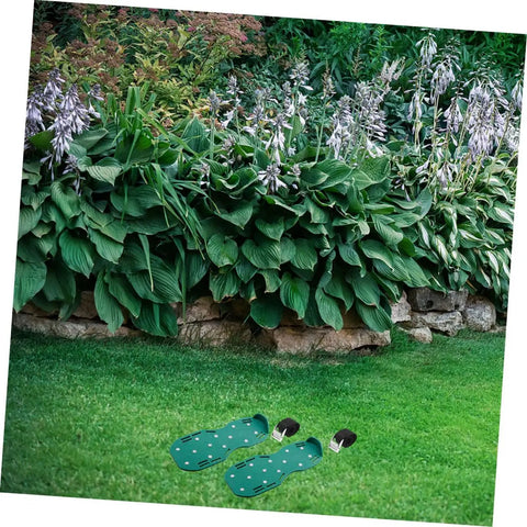 Durable Nylon Lawn Aerator Shoe Straps for manual aerator shoes on grass in a garden setting.