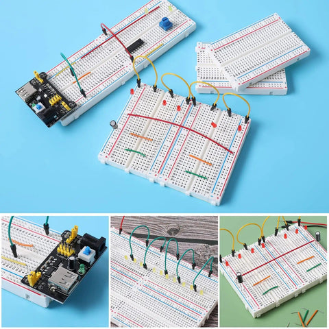 Six-Piece 400-Pin Solderless Breadboard Set For DIY Prototyping displayed in a collage with accessory components.