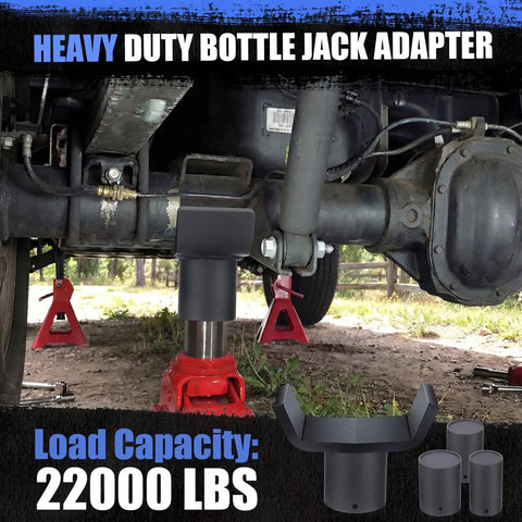 Heavy Duty 4-In-1 Hydraulic Bottle Jack Adapter With Tough As Nails Steel Lifting Saddle for 4 to 20 Tons in use under a vehicle.