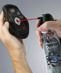 Dust Off Disposable Duster 7 Oz With Precision Straw used on computer mouse for quick dust removal, safe compressed air cleaning