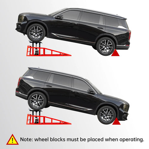 Heavy Duty 11,000 Lbs Hydraulic Car Ramps with Low Profile Lift lifting SUV, showcasing 10.6 to 14.7 inch range, pin lock safety