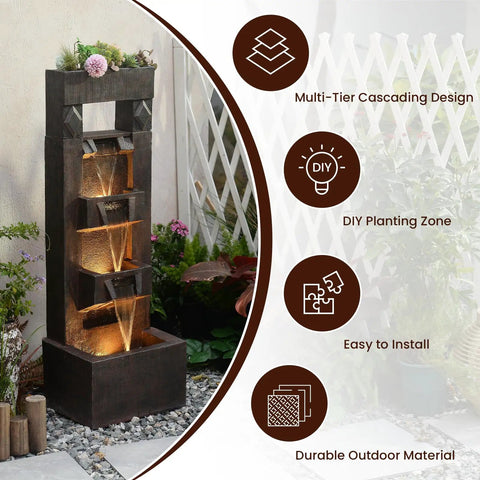 Four Tier Outdoor Water Fountain With LED Lights And Pump, 40.9 Inch Freestanding Cascading Waterfall For Garden Patio Porch Yard