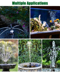 Collage showing 24 Hour Continuous Bird Bath Fountain Pump With Light And 7 Nozzles For Varied Spray Patterns in different settings