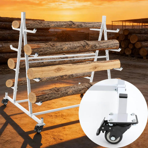 Heavy Duty Mobile Storage Rack For Lumber And Conduit Pipes, featuring a 5 tier design with logs and rolling wheels.