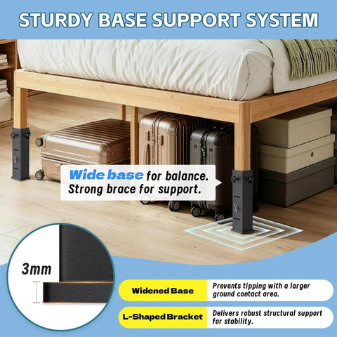 Adjustable Dorm Bed Risers Heavy Duty Steel Frame Built Different For Superb Stability Elevates Your Sleep Game With Ample Underbed Storage in use under a bed with luggage.