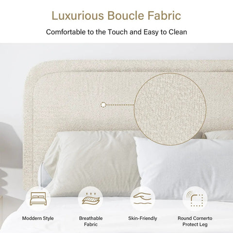 Close-up of cream upholstered headboard featuring luxurious boucle fabric on Snug Twin Bed Frame With Ultra Soft Cloud Boucle Fabric And Cream Upholstered Headboard Featuring Smooth Rounded Corners For A Lowkey Luxe Bedroom Setup That Definitely Checks Out.