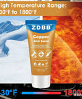 Copper anti-seize lubricant for high-temp automotive use tube with temperature range from -30°F to 1800°F displayed on packaging.