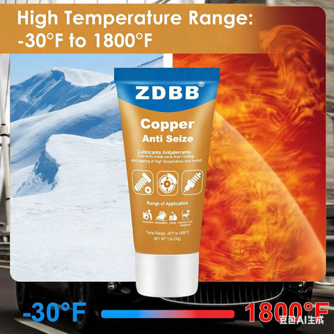 Copper anti-seize lubricant for high-temp automotive use tube with temperature range from -30°F to 1800°F displayed on packaging.