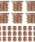 50 Pieces M6x10mm Threaded Wood Insert Nuts in carbon steel with golden finish, shown in two rows for furniture assembly.