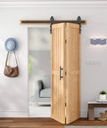 Bi-Fold Barn Door Set 48 By 84 Inches With 52 Inch Bifold Hardware Kit For Two Doors No Assembly No Fuss Setup Solid Spruce Wood Folding Doors And Double Sided Handle Pulls Included shown installed in a living room setting, natural spruce wood finish visible
