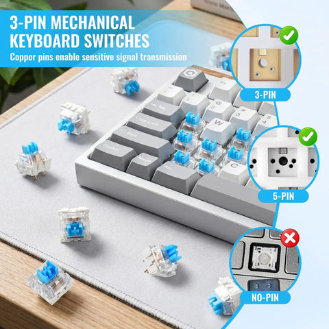 Blue 3-Pin Mechanical Keyboard Switches 200 Pack With Dustproof Housing, Clicky Tactile Feel, 50 Million Click Life, Replacement Keys For Gaming Keyboards, Ideal For 3D Printing Projects And Fidget Builds, shown on keyboard