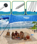 Family Beach Tent Replacement Poles Heavy Duty Aluminum Telescoping Poles For Awnings with foam tips on a sunny beach setup