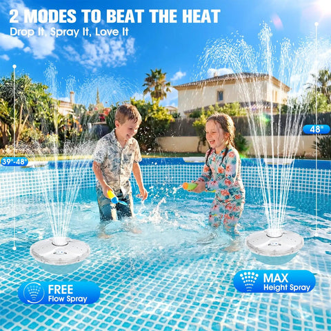 Children playing with Floating LED Pool Fountain With Remote And 8000mAh Battery, Rechargeable Water Sprayer in pool.
