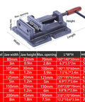 Heavy Duty Bench Vise for Woodworking Pros That Grips Tight Like Crazy For Pipe Cutting And Wood Projects With Solid Iron Construction For Serious Repair Work Every Weekend DIYer Needs This 6 Inch Portable Clamp Tool Today, showing dimensions and specifications.