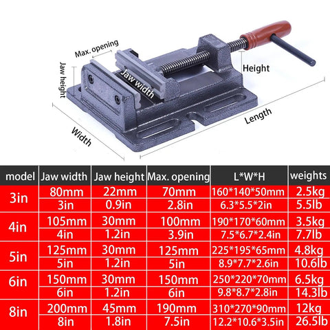 Heavy Duty Bench Vise for Woodworking Pros That Grips Tight Like Crazy For Pipe Cutting And Wood Projects With Solid Iron Construction For Serious Repair Work Every Weekend DIYer Needs This 6 Inch Portable Clamp Tool Today, showing dimensions and specifications.