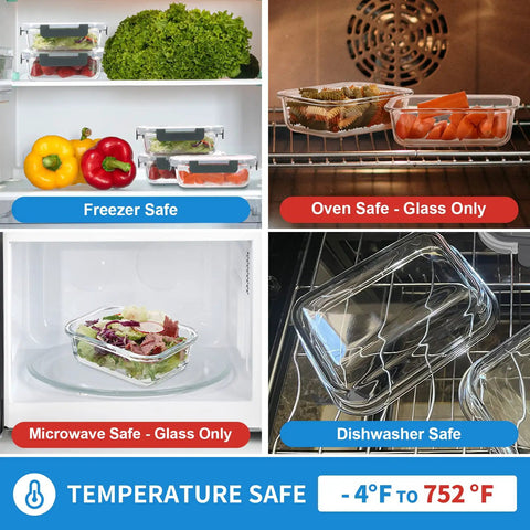 24 Piece Small Glass Food Storage Containers With Lids 1.5 Cup Meal Prep Set Airtight Leak Proof BPA Free Microwave Oven And Dishwasher Safe Rectangular Interchangeable Lids Grey in use in freezer, oven, microwave, and dishwasher