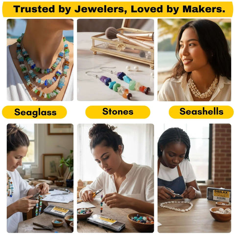 Women crafting jewelry with seashells, seaglass, and stones at home, showcasing 30-Piece 1mm Diamond Drill Bits Set With 1/8 Inch Shank For Dremel Rotary Tools.