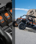 Orange Backlit 5 Pin On Off Rocker Switch For UTV LED Light Bars SPST Single Pole Rock Solid Durable Plastic Housing Easy Install Replacement Button 12V DC Operation High Conductive Pins Weather Resistant, installed in UTV dash with LED light bar labels