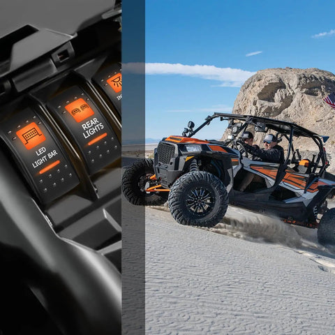 Orange Backlit 5 Pin On Off Rocker Switch For UTV LED Light Bars SPST Single Pole Rock Solid Durable Plastic Housing Easy Install Replacement Button 12V DC Operation High Conductive Pins Weather Resistant, installed in UTV dash with LED light bar labels