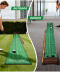Indoor Putting Green Mat Extra Large And Wide 9.8 Foot With Ball Return Wrinkle Free Crystal Velvet Surface shown indoor and outdoor