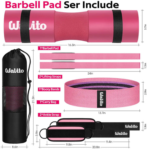 8 Piece Barbell Pad Set For Hip Thrusts And Squats, Includes Hip Pad, Squat Pad, Ankle Straps, Lifting Straps, Resistance Bands, Carry Bag