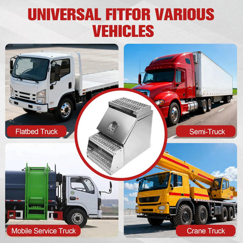 18 Inch Aluminum Side Mount Tool Box For Semi Trucks With Saddle Step shown with different truck types in background