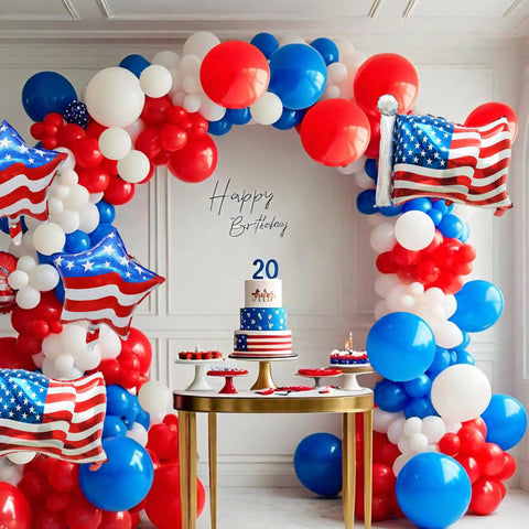 Red White Blue Balloon Garland Kit 131PCS Patriotic Party Supplies For Fourth Of July Independence Day DIY Arch USA Flag Star Balloons With Balloon Tools And Accessories featuring red, white, and blue arch with flag and star foils, surrounding a birthday setup with cake and treats.