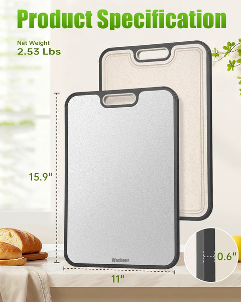 Two In One Titanium Cutting Board For Kitchen With Double Sides, 16 by 11 inches, showing titanium and BPA-free PP surfaces.